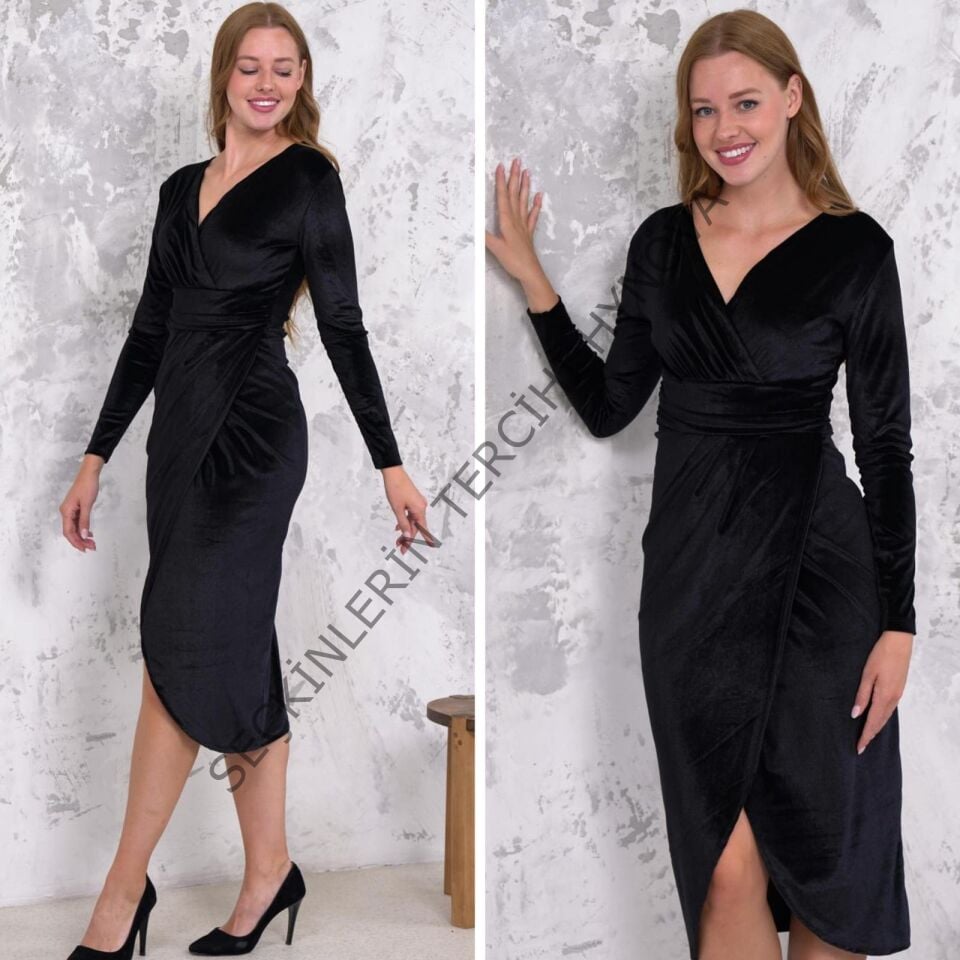 Kadın Kadife Kumaş V Yaka Uzun Kollu Midi Boy Elbise