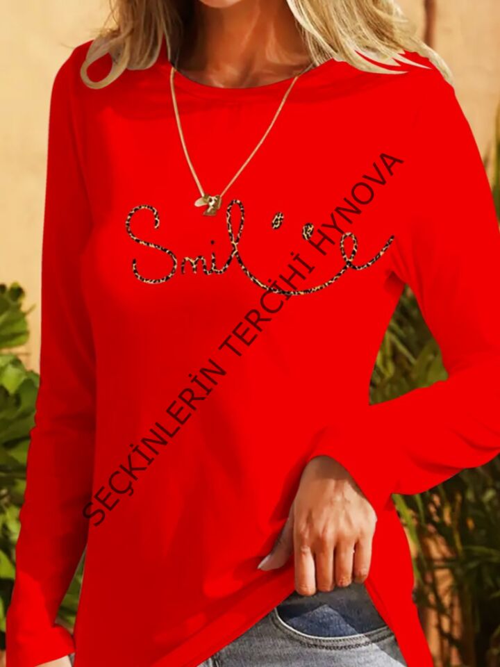 Kadın Uzun Kollu Bisiklet Yaka Gülümseyen Surat Desenli Viskon Bluz