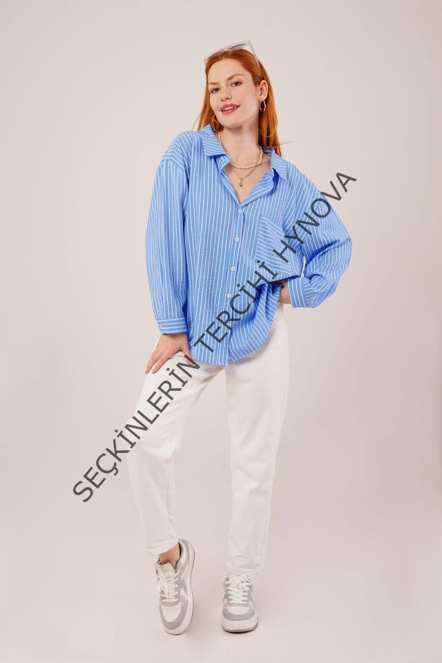 Çizgi Detaylı Cepli Mavi Gömlek