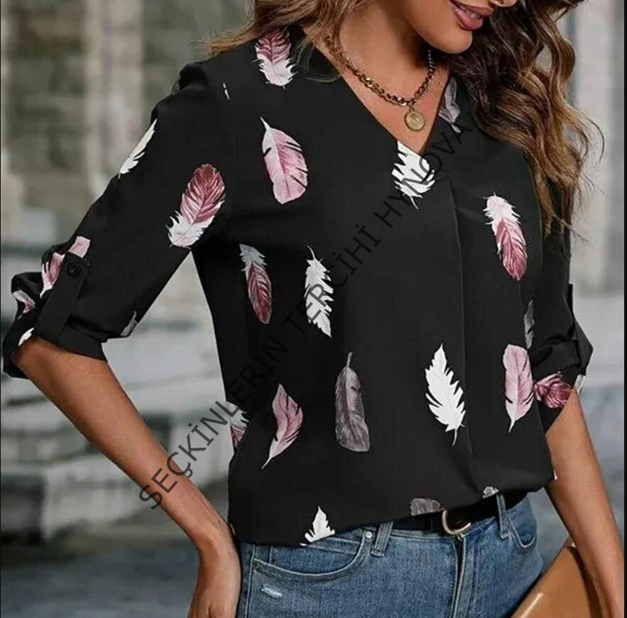 Kadın Yaprak Baskı Ayarlanabilir Truvakar Kol Süper Soft Bluz