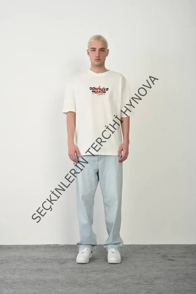 Unisex Bisiklet Yaka Baskılı Oversize T-Shirt - Beyaz