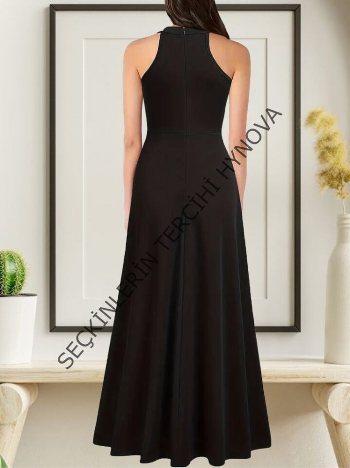 Kadın Halter Yaka Derin Yırtmaç Detaylı Tam Boy Ithal Krep Abiye Elbise