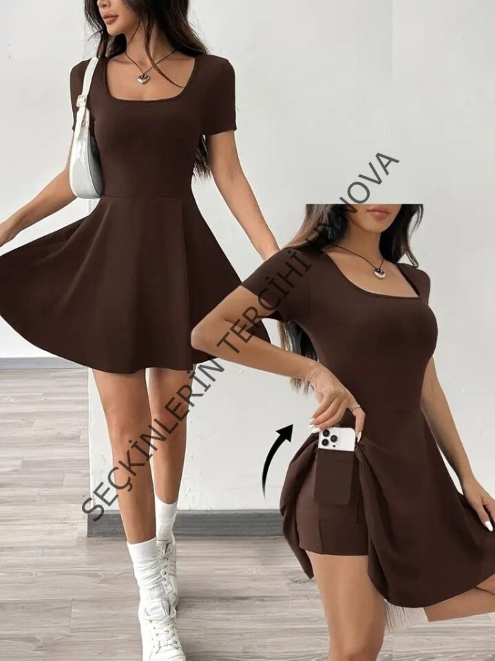 Kadın Kısa Kollu Kare Yaka Short Detaylı Cepli Dalgıç Elbise