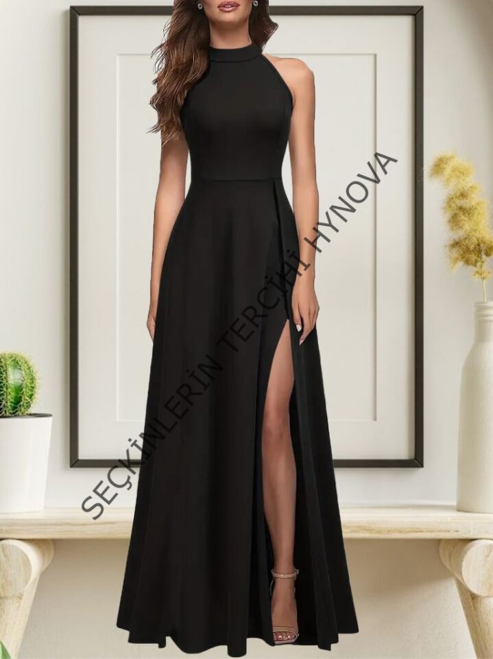 Kadın Halter Yaka Derin Yırtmaç Detaylı Tam Boy Ithal Krep Abiye Elbise