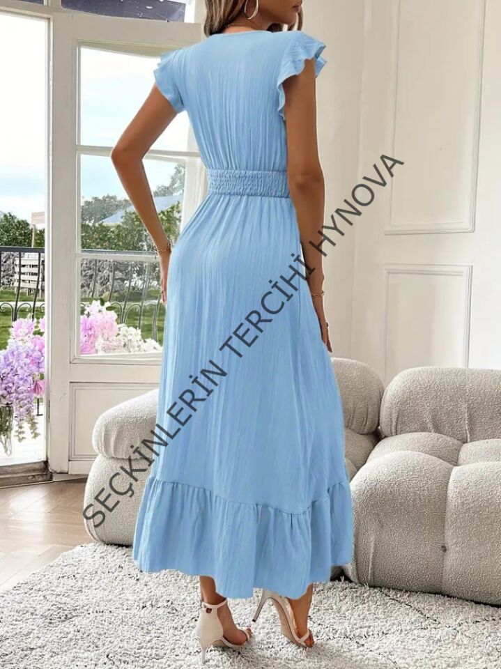 Kadın Kısa Kollu Kruvaze Yakalı Beli Lastikli Müslim Elbise