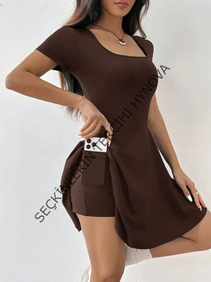 Kadın Kısa Kollu Kare Yaka Short Detaylı Cepli Dalgıç Elbise