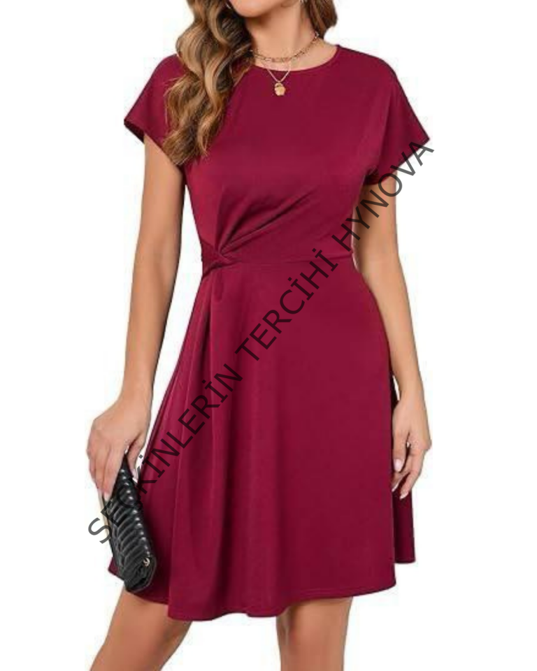 Kadın Sendy Kumaş Büzgü Detaylı Kısa Kollu Elbise
