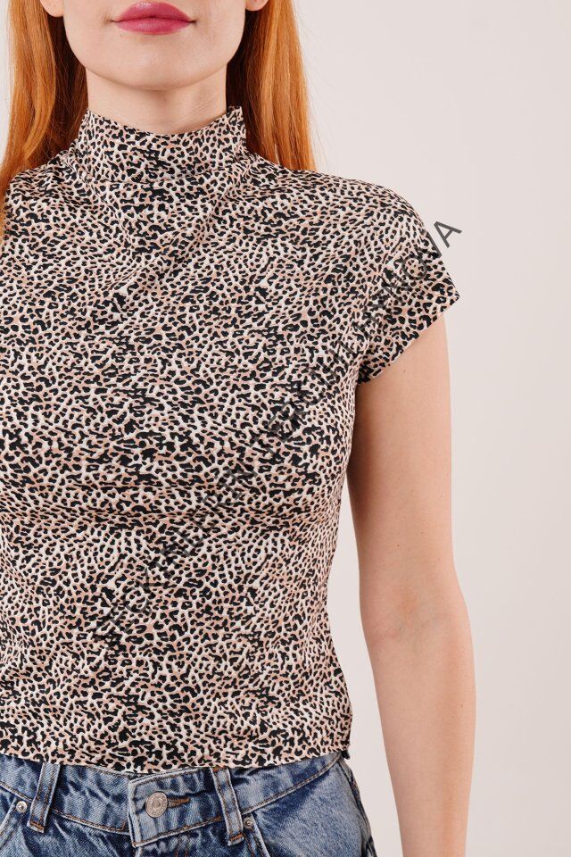 Leopar Desen Kısa Kollu Basic T-Shirt