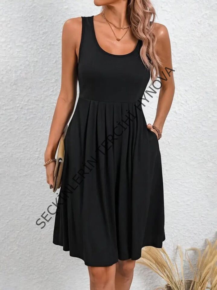 Kadın Askılı Yuvarlak Yaka önden Pileli Viskon Elbise