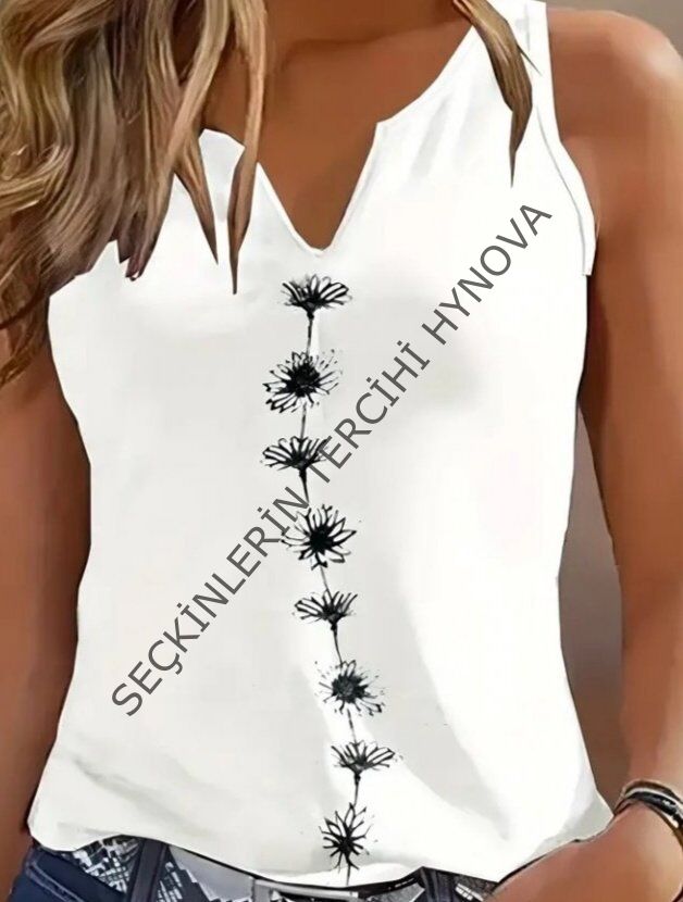 Kadın Askılı Kolsuz Desenli Bluz