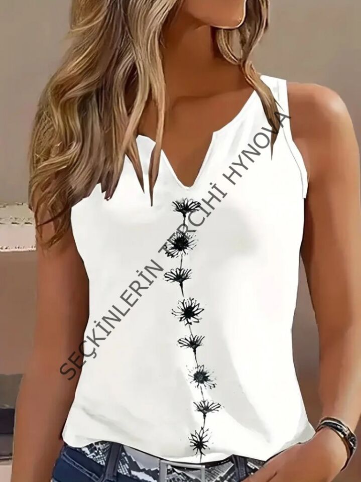 Kadın Askılı Kolsuz Desenli Bluz