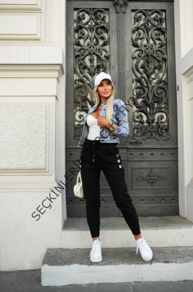 Kadın Yüksek Bel Lastikli Yanlardan Düğmeli Viskon Iki Iplik Pantolon