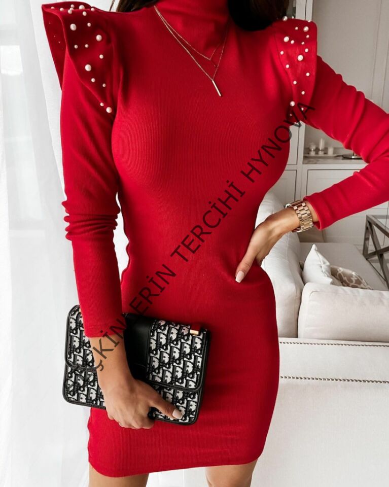 Kadın Uzun Kollu Balıkçı Yaka Omuzlarda Pile Inci Detay Kaşkorse Elbise