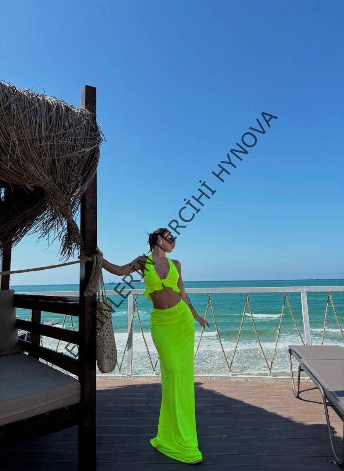 Kadın Mayo Kumaş Bağlamalı Crop Ve Maxi Boy Etek Ikili Takım