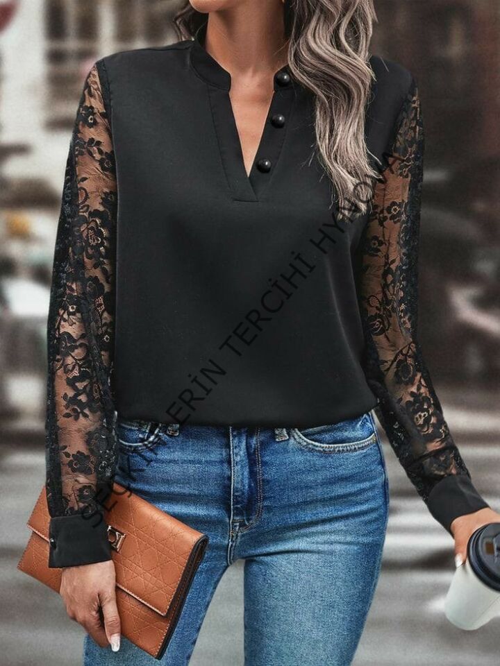 Kadın Uzun Kollu Yaka Düğme Detay Güpürlü Kol Krep Bluz