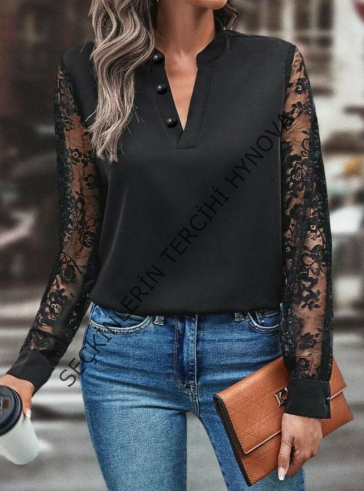 Kadın Uzun Kollu Yaka Düğme Detay Güpürlü Kol Krep Bluz