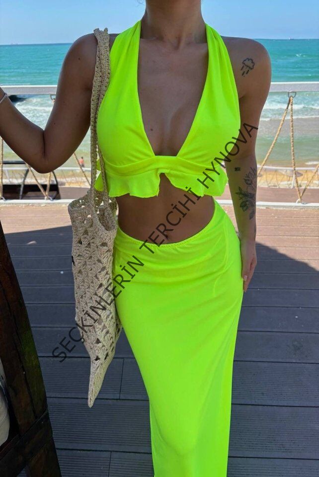 Kadın Mayo Kumaş Bağlamalı Crop Ve Maxi Boy Etek Ikili Takım