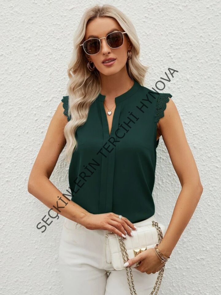 Kadın Kısa Dantel Kollu Hakim Yaka Ithal Krep Bluz