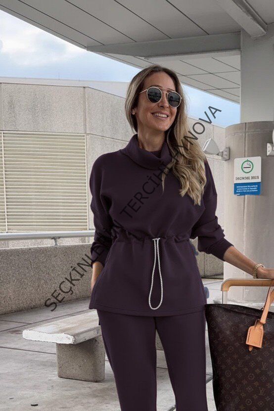 Kadın Uzun Kollu Balıkçı Yaka Belden Lastikli Modal Bluz Ve Pantolon Ikili Takım