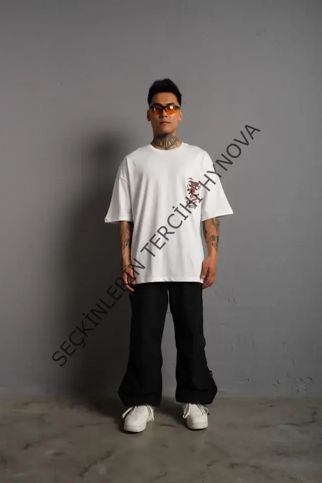 Erkek Sırt Baskılı A Kalite Oversize T-shirt - Beyaz