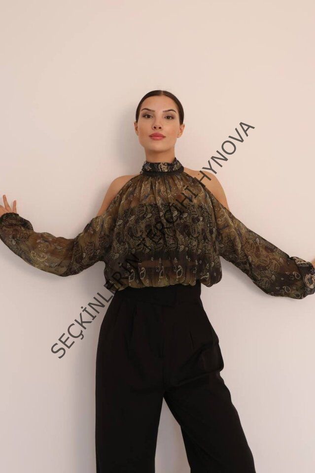 Kadın Halter Yaka Full Transparan Omuz Dekolteli Bluz