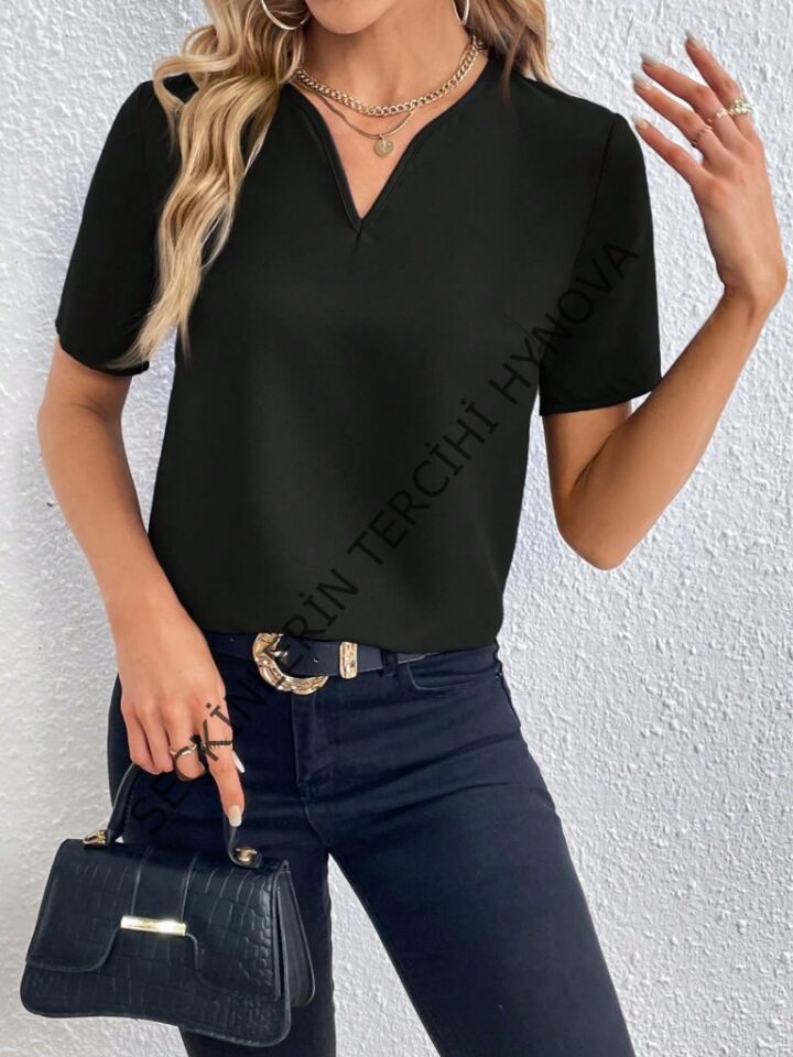 Kadın Kısa Kollu V Yakalı Ithal Krep Elbise