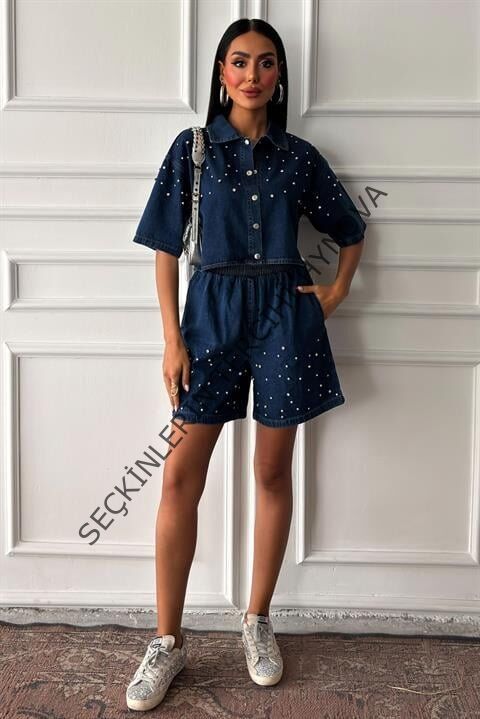 Taş Detaylı Gömlek Şort Denim Takım 10175