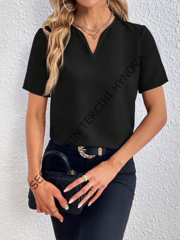 Kadın Kısa Kollu V Yakalı Ithal Krep Elbise