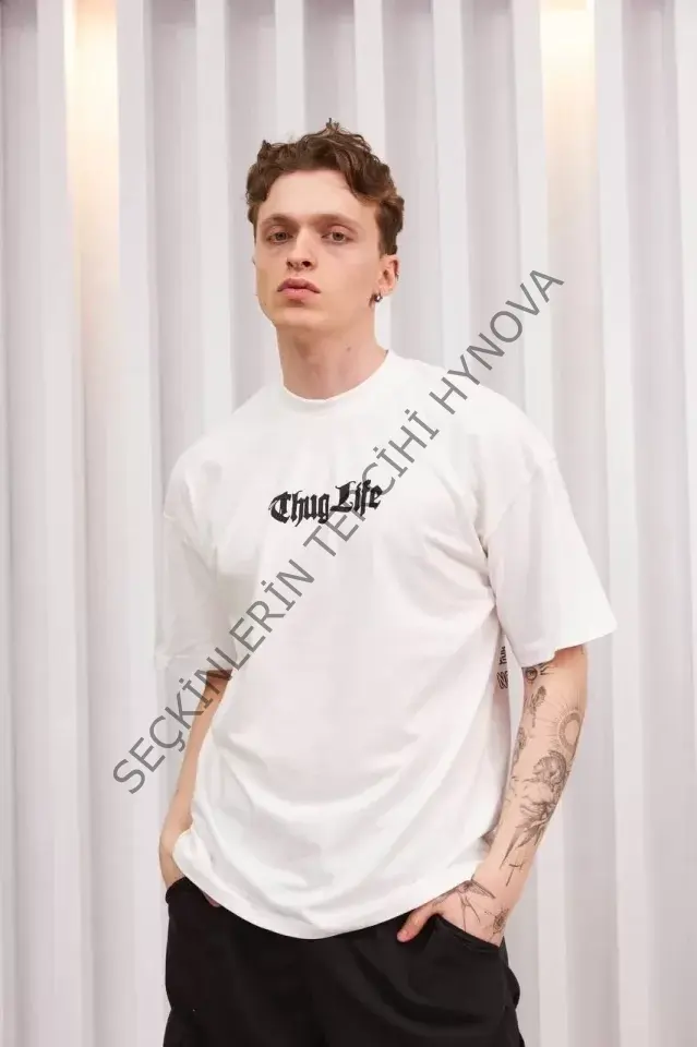 Unisex Bisiklet Yaka Baskılı Oversize T-Shirt - Beyaz