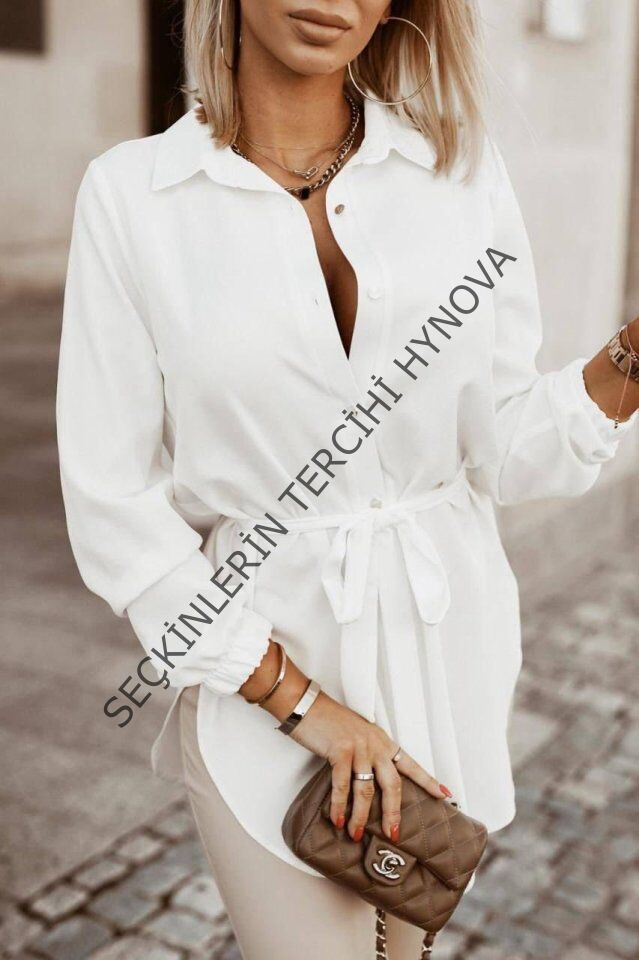 Kadın Metal Düğmeli Beli Kuşaklı Pamuk Polyester Kumaş Gömlek Elbise