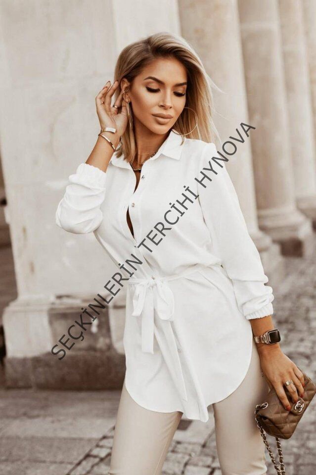 Kadın Metal Düğmeli Beli Kuşaklı Pamuk Polyester Kumaş Gömlek Elbise