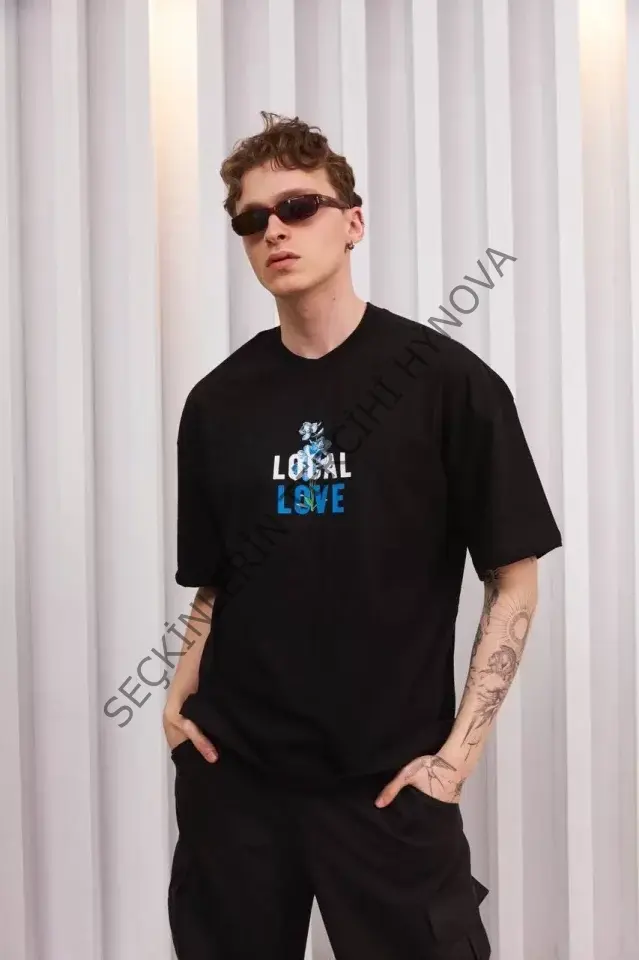 Unisex Bisiklet Yaka Baskılı Oversize T-Shirt - Siyah