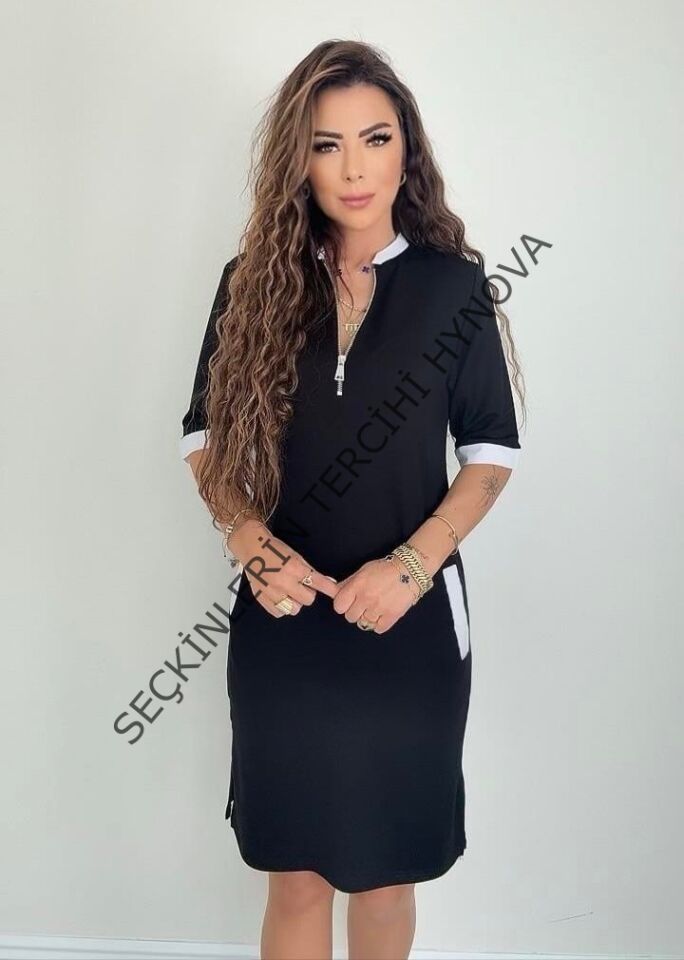 Kadın Kısa Kollu Yakadan Fermuarlı Cepli Yandan Yırtmaçlı Viskon Elbise