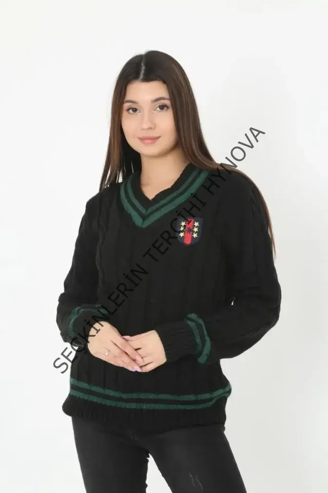 V Yaka Örgülü Kazak - Siyah