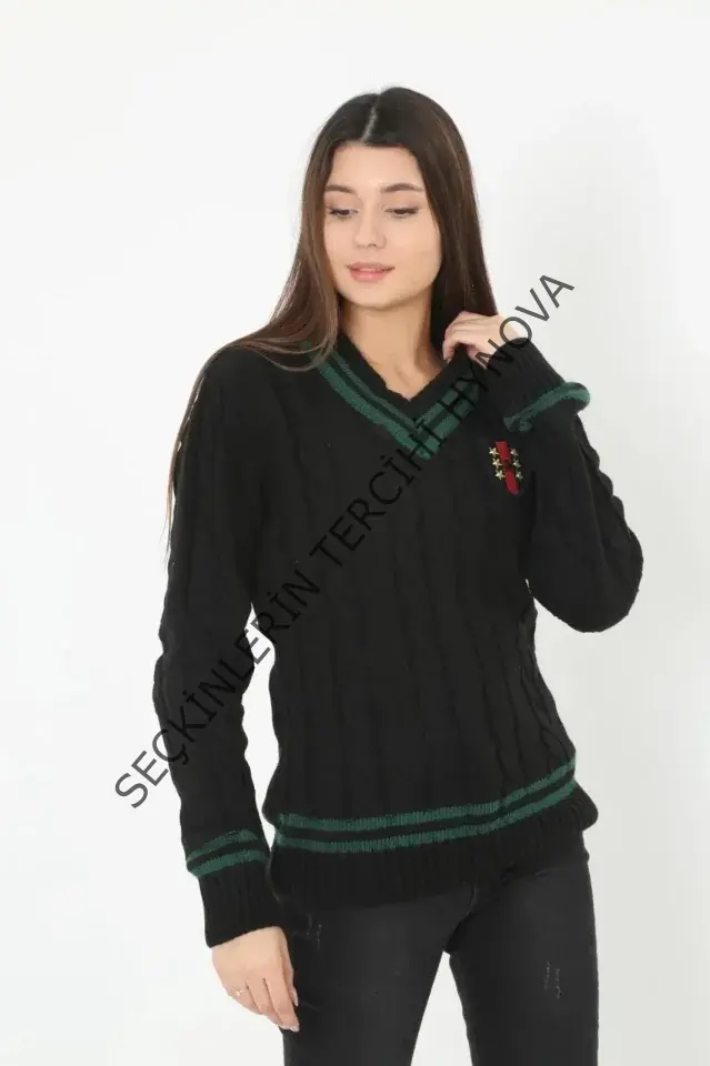 V Yaka Örgülü Kazak - Siyah