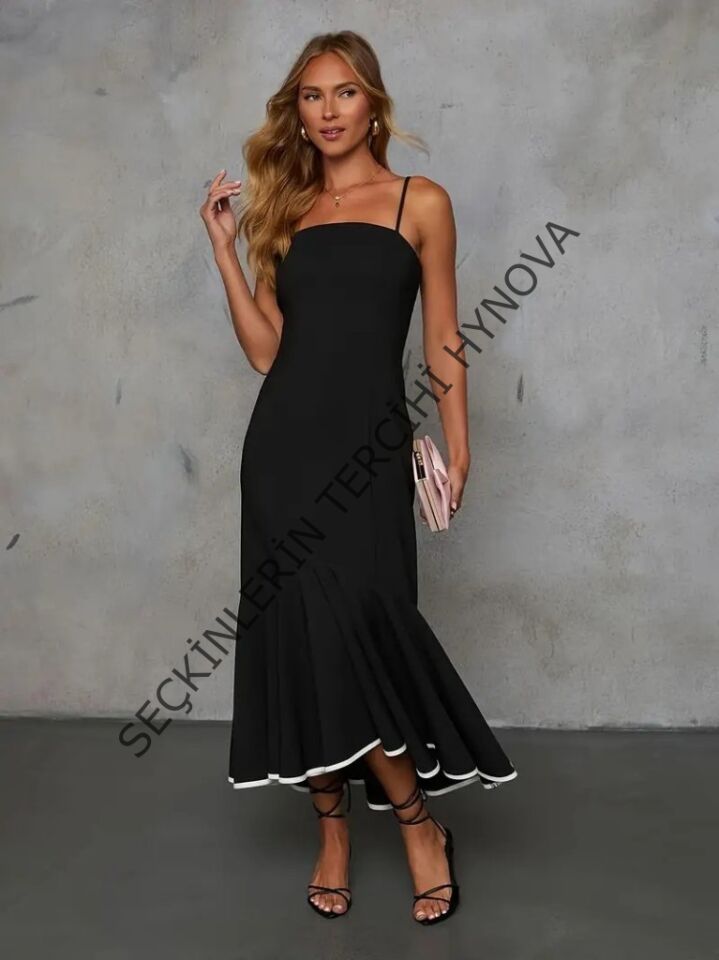 Kadın Ip Askılı Straplez Kesim Detay Maksi Boy Janjan Krep Elbise