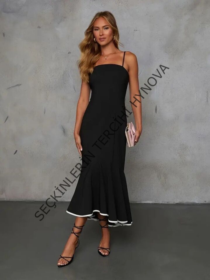 Kadın Ip Askılı Straplez Kesim Detay Maksi Boy Janjan Krep Elbise