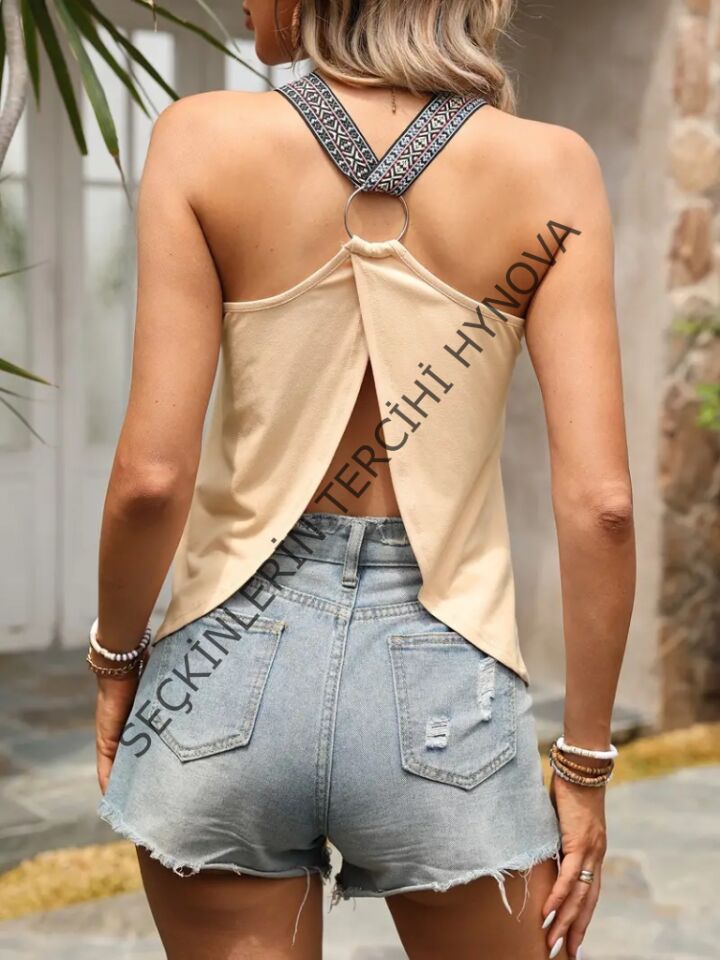 Kadın Askılı V Yakalı Arkadan Halka Detaylı Viskon Bluz