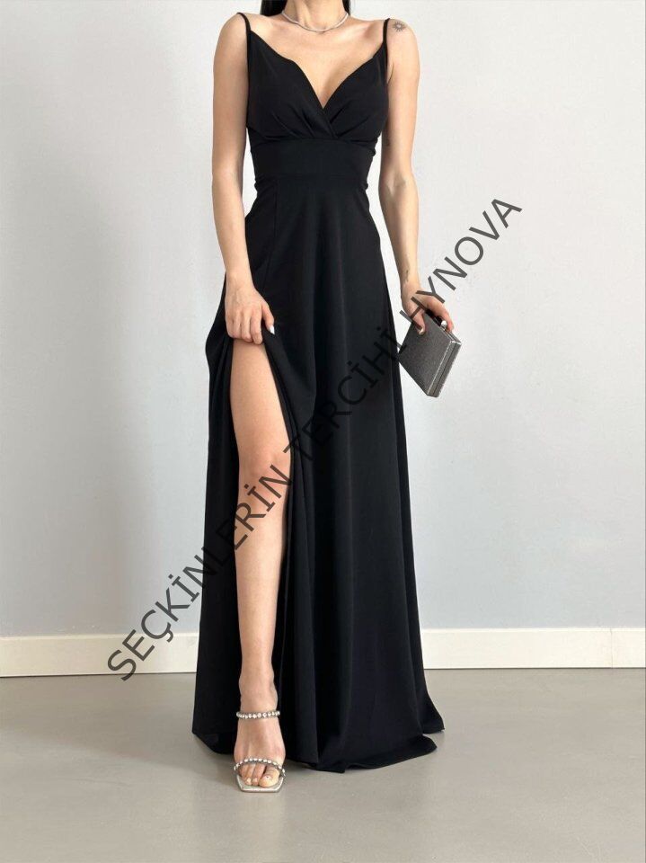 Kadın Ip Askılı Kruvaze Yaka Maxi Boy Abiye Elbise