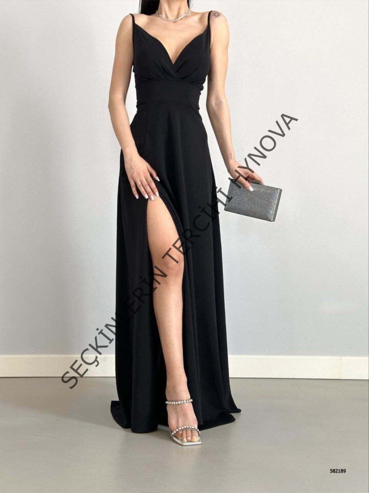 Kadın Ip Askılı Kruvaze Yaka Maxi Boy Abiye Elbise