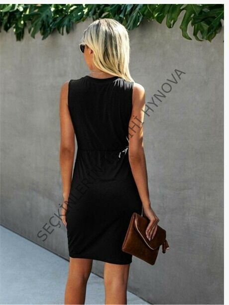 Kadın Kolsuz V Yaka Düğme Detay Beli Lastikli Eteği Kruvaze Viskon Elbise