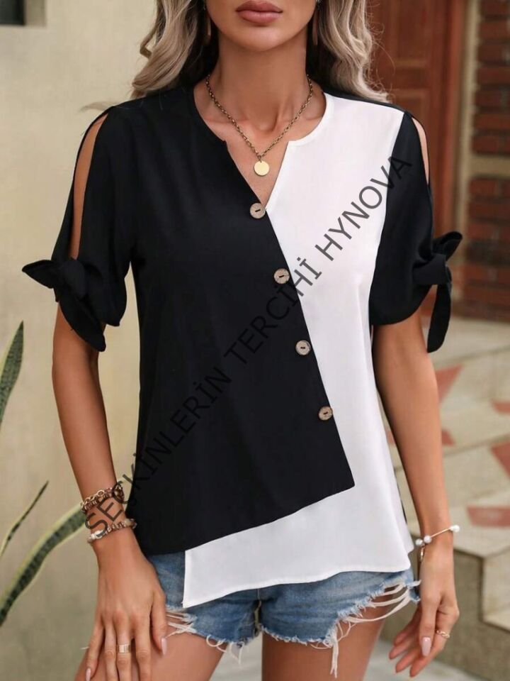 Kadın Kısa Kollu Kollardan Bağlamalı önden Asimetrik Kesim çift Renk Detaylı Düğmeli Ithal Krep Bluz