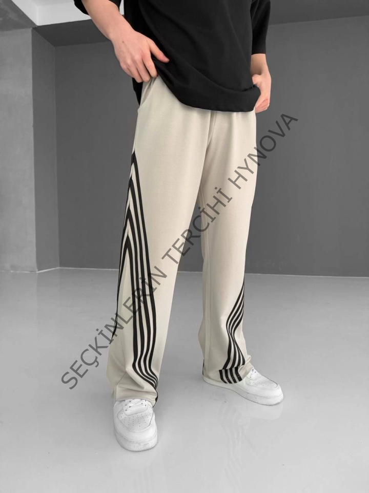 İki İplik Kumaş Şeritli Alt Esofman - Bej