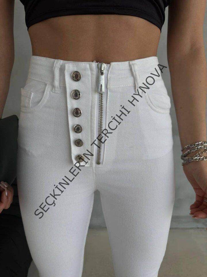 DÜĞME VE FERMUARLI KOT PANTOLON - Beyaz