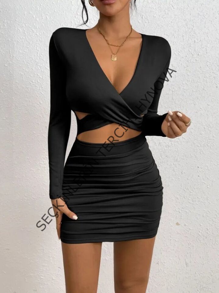 Kadın Uzun Kollu çapraz Dekolte Detaylı Mini Sandy Elbise