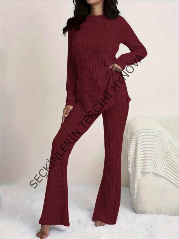 Kadın Uzun Kollu Yuvarlak Yaka Yandan Yırtmaç Detaylı şardonlu Kaşkorse Bluz Ve Pantolon Ikili Takım