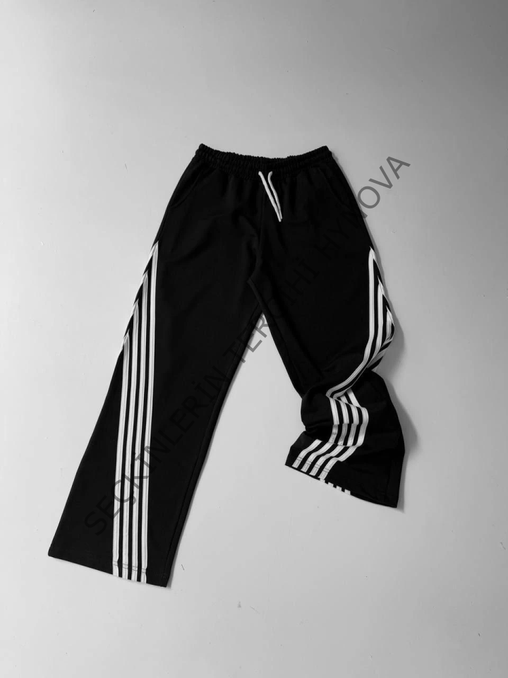 İki İplik Kumaş Şeritli Alt Esofman - Siyah