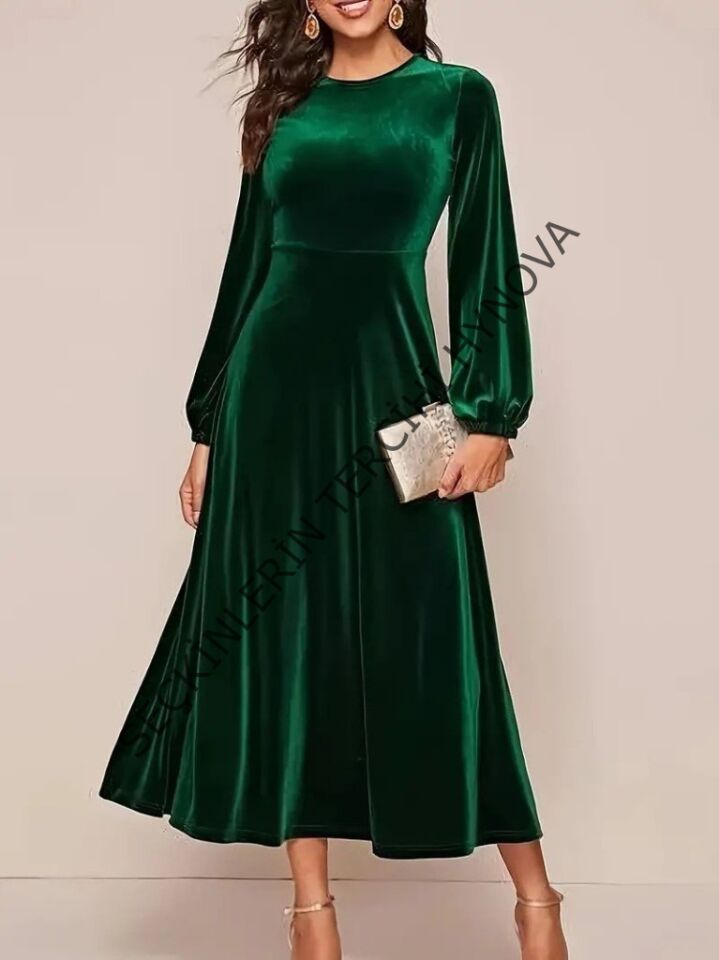 Kadın Uzun Kollu Bisiklet Yaka Midi Kadife Elbise
