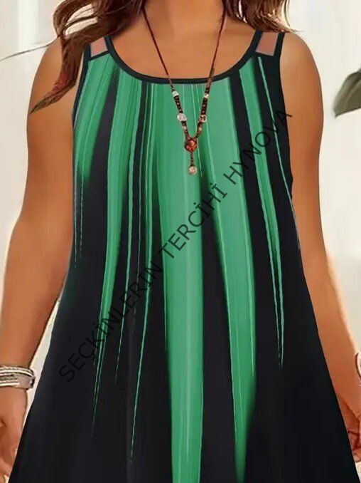 Kadın Askılı Yuvarlak Yaka Asimetrik Detaylı Desenli Süprem Elbise