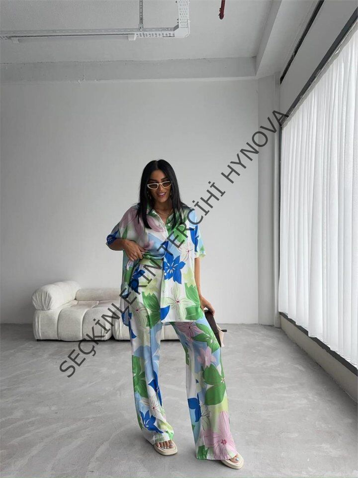 YEŞİL BÜYÜK ÇİÇEK DESEN SATEN GÖMLEK-PANTOLON TAKIM - Yeşil